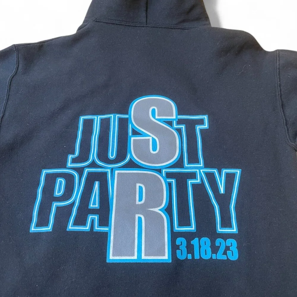 Jerzees NuBlend “JUST PARTY” Graphic Hoodie – Navy Blue, Size S - Picture 6 of 9